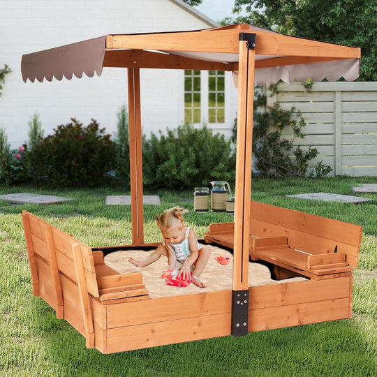 MEDEHOO Sandbox with Lid and Cover, Outdoor Sand Box for Kids with 360° Adjustable Canopy, 2 Foldable Bench Seats &amp; Sand Leak-Proof Liner AIR05-MB-WM