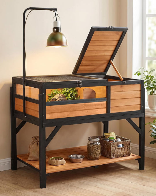 MEDEHOO Wooden Tortoise Habitat with Detachable Legs &amp; Adjustable Lamp Holder – Reptile Terrarium for Small Animals AIR70-BF-ML-WM