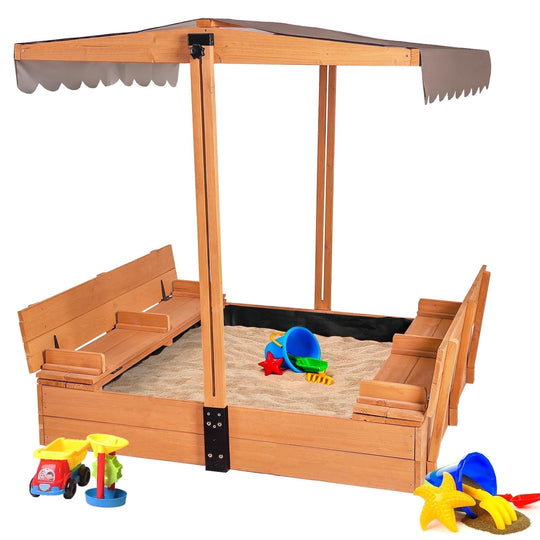 MEDEHOO Large Wooden Kids Sand Box with Cover, Sandbox with Lid Foldable Beench Seats, Sand Boxes for Backyard Garden, Beach Patio Outdoor COL05-A11-WM