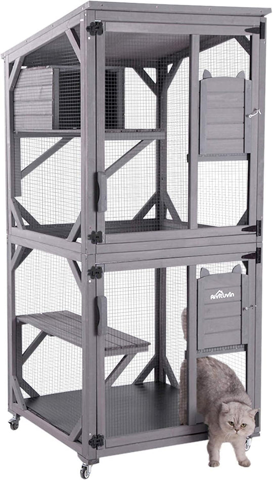 MEDEHOO Mobile Catio on Wheels - Outdoor Cat House Enclosure with Waterproof Roof &amp; Upgraded Resting Box, 70.9" Feral Cat Cage / Bird Cage AIR22-J-WM
