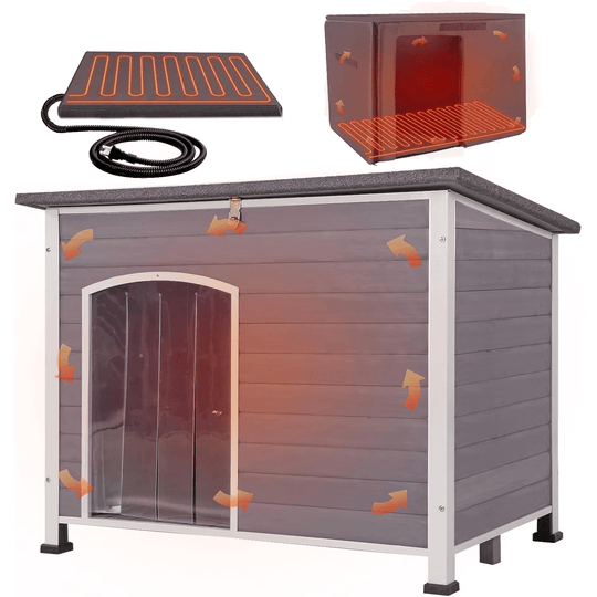 MEDEHOO Extra Large Heated Insulated Dog House for Winter Wooden Outdoor Dog Kennel with All-Around Iron Frame