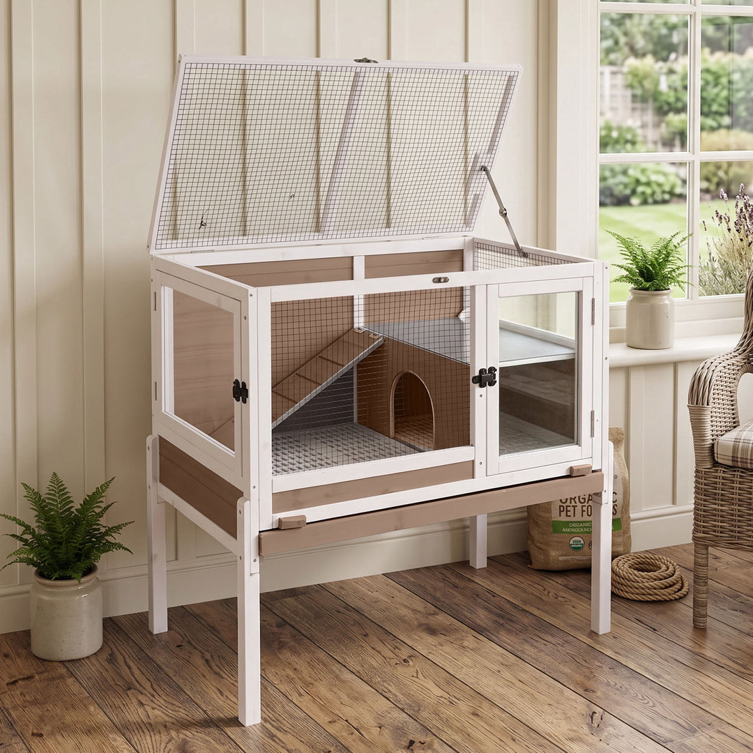 MEDEHOO Indoor Guinea Pig Cage Rabbit Cage with Chew-Resistant Edges, Leakproof Deep Tray and Detachable Legs, Camel AIR53-WZ-WFS-GE