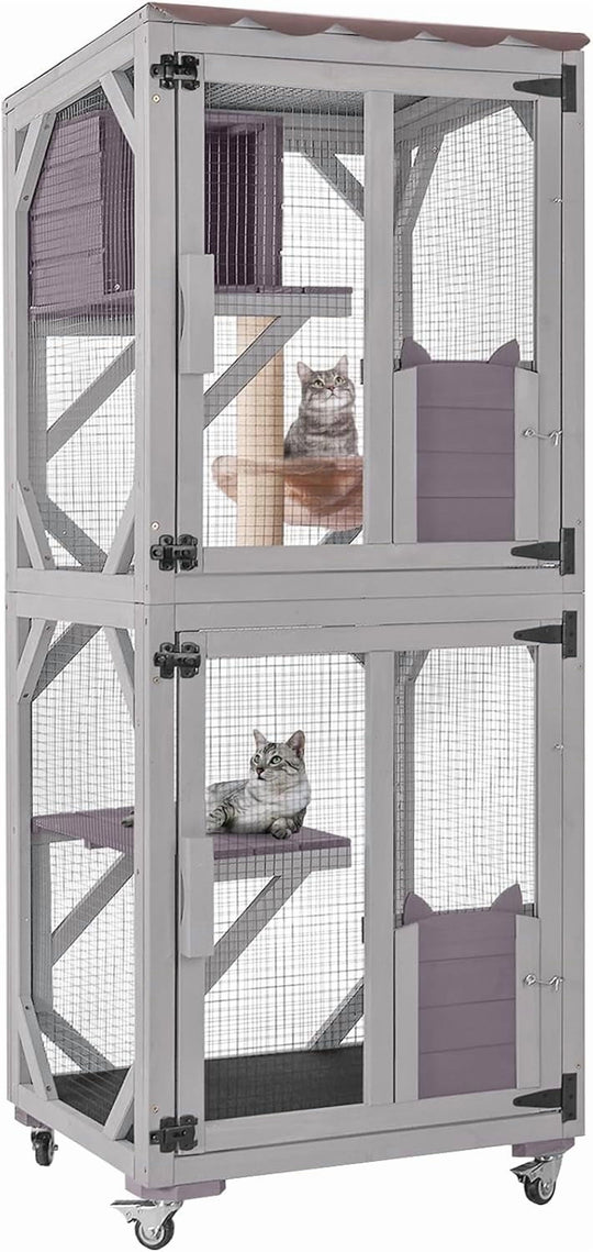 MEDEHOO Cat House Outdoor Catio for Cat Enclosure on Wheels 62.5" Large Kitty Shelter with Waterproof Cover,Indoor Cat Cage with Resting Room,Platforms AIRJO22-M