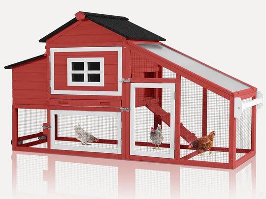 MEDEHOO Chicken Coop Expandable Chicken House for Outdoor with Wheels Nesting Box, Leakproof Pull-Out Tray &amp; UV-Resistant Roof Panel, Red AIR23-RJ-WM2