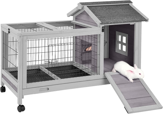 MEDEHOO Rabbit Hutch Indoor and Outdoor, Rabbit Cage with Removable Wire Netting and Leak Proof Tray, Mobile Bunny Cage with Wheels