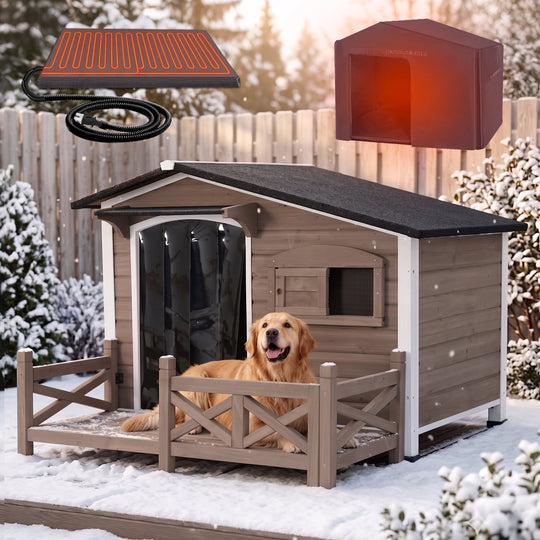 MEDEHOO 44.6" Large Outdoor Heated Dog House XL Insulated Dog Kennel with Safe Heating Pad, Chew-Proof Metal Frame, 6-Sided Thermal Liner for Large Dog Breeds, Dark Brown