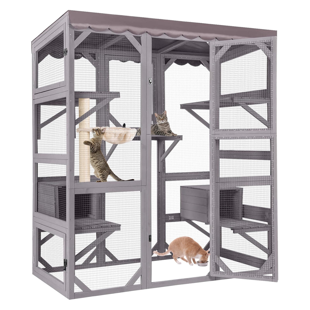 MEDEHOO 62.6" Walk-in Outdoor Catio, Large 4-Tier Wooden Cat Enclosure with 7 Climbing Platforms &amp; 2 Resting Houses, Window Cat House for Multiple Cats