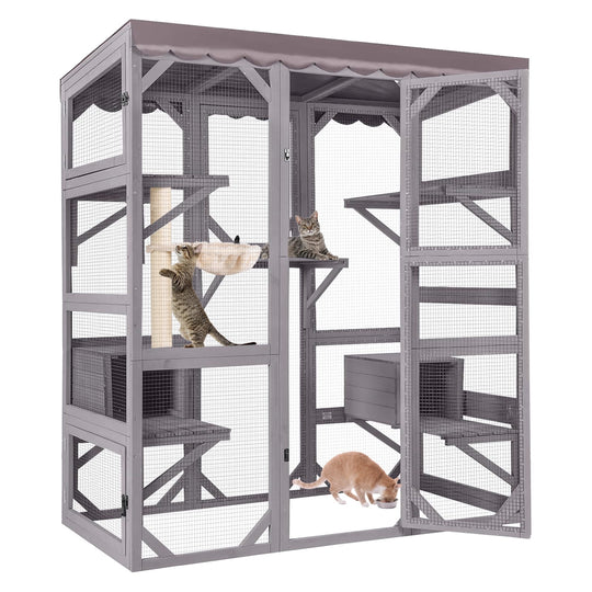 MEDEHOO 62.6" Walk-in Outdoor Catio, Large 4-Tier Wooden Cat Enclosure with 7 Climbing Platforms &amp; 2 Resting Houses, Window Cat House for Multiple Cats