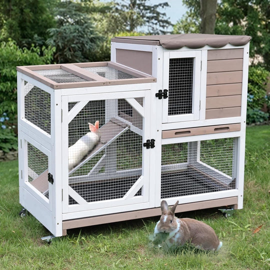 BUTINGLALE Rabbit Hutch Indoor Outdoor 2 Story Bunny House on Wheels Wood Rabbit Cage with 2 Pull Out Trays Guinea Pig Cage AIR7013-WM2