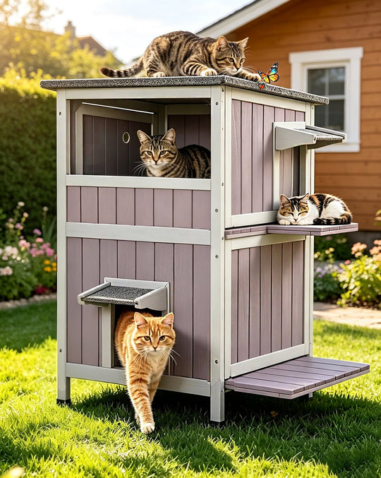 MEDEHOO 2-Story Outdoor Cat House, Weatherproof Feral Cat Shelter, Wooden Cat Cage for Outdoor and Indoor Cats Gray