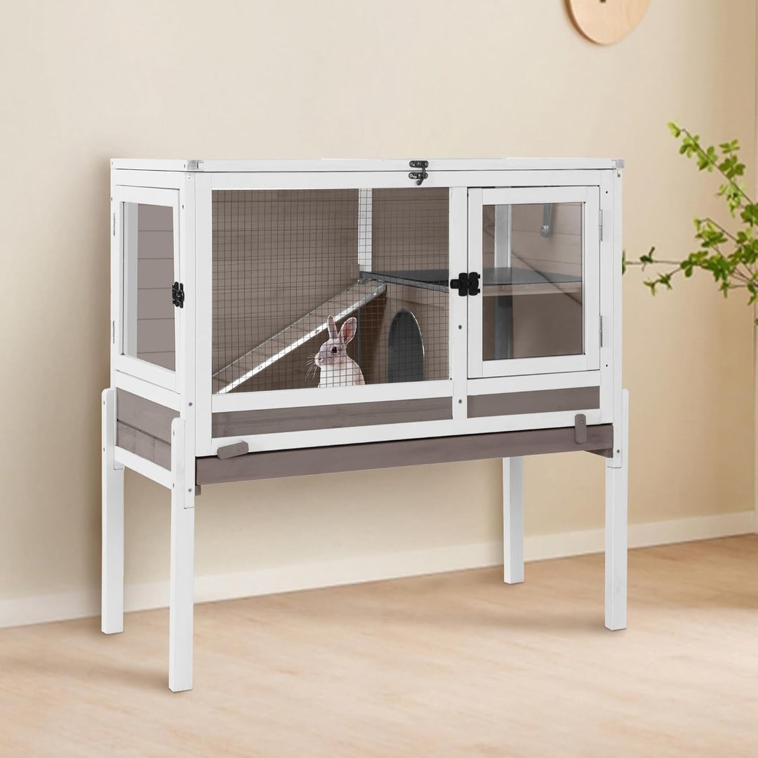 MEDEHOO Guinea Pig Cage Rabbit Cage Indoor with Chew-Proof Edges, Clean Deep Tray, Leakproof PVC Layer, Small Animals Cage with Adjustable Legs - Brown