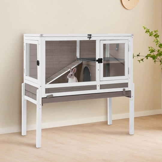 MEDEHOO Guinea Pig Cage Rabbit Cage Indoor with Chew-Proof Edges, Clean Deep Tray, Leakproof PVC Layer, Small Animals Cage with Adjustable Legs - Brown