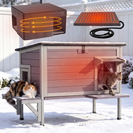 MEDEHOO Large Heated Cat House Outdoor with Heating Pad &amp; Insulated Liner, Weatherproof Feral Stray Cat Shelter for Outside, All-Round Thermal Liner