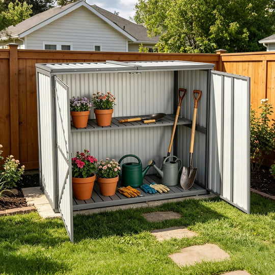 MEDEHOO Outdoor Storage Shed 4.2x2.2FT with Metal Frame &amp; Fir Wood, Weatherproof Resin Garden Shed for Patio Backyard, Horizontal Storage Cabinet with Adjustable Shelves AIR105-ZJ-A11-WM