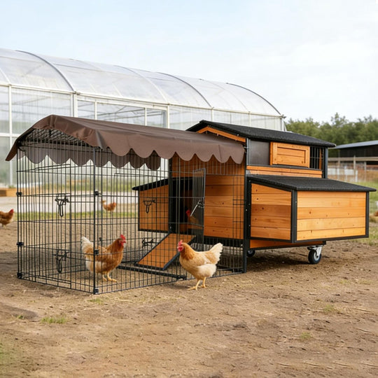 MEDEHOO Extra Large Mobile Chicken Coop with Run, Portable Chicken Tractor with Wheels, Hen House Poultry Cage with All-Around Iron Frame, Metal Sliding Tray, 6 Nesting Boxes for 6-10 Chickens