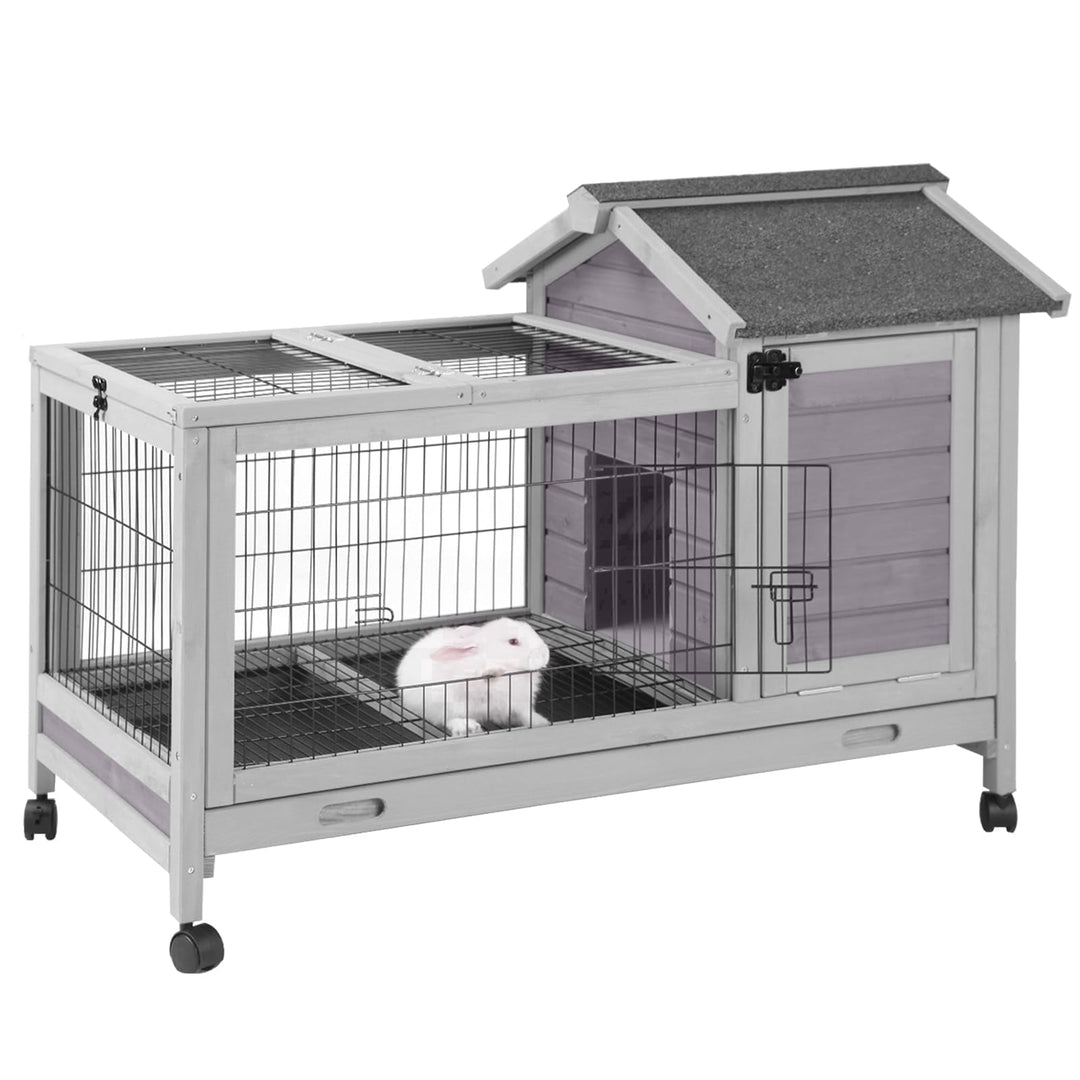 MEDEHOO Rabbit Hutch with Wheels for Indoor Outdoor, Wooden Rabbit Cage with Removable Wire Netting &amp; Leak Proof Tray, Mobile Bunny Cage, Gray AIR24-ML-WM