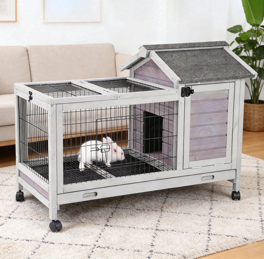 MEDEHOO 41" Mobile Rabbit Hutch with Removable Wire Floor, Wooden Bunny Cage on 4 Wheels with Deep Leak-Proof Plastic Tray, Indoor Outdoor Guinea Pig House, Gray