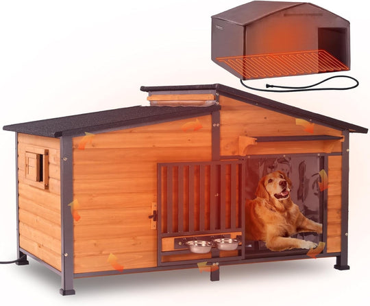MEDEHOO Extra Large Heated Dog House Insulated Dog Kennel Weatherproof Dog Shelter with Safe Heating Pad, Chew-Proof Metal Frame, Rotatable Spill-Proof Bowl for Large Dog Breeds, 60"L x 36"W x35.4"