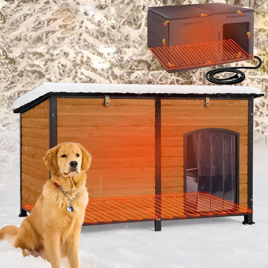 MEDEHOO Heated Dog House Outdoor Extra Large 59" Dog Kennel with Insulation Liner Strong Iron Frame Construction Pet Cage with Insulted Liner Keep Warm in Winter Weatherproof Design, Heater Include AIR63-HP-WM