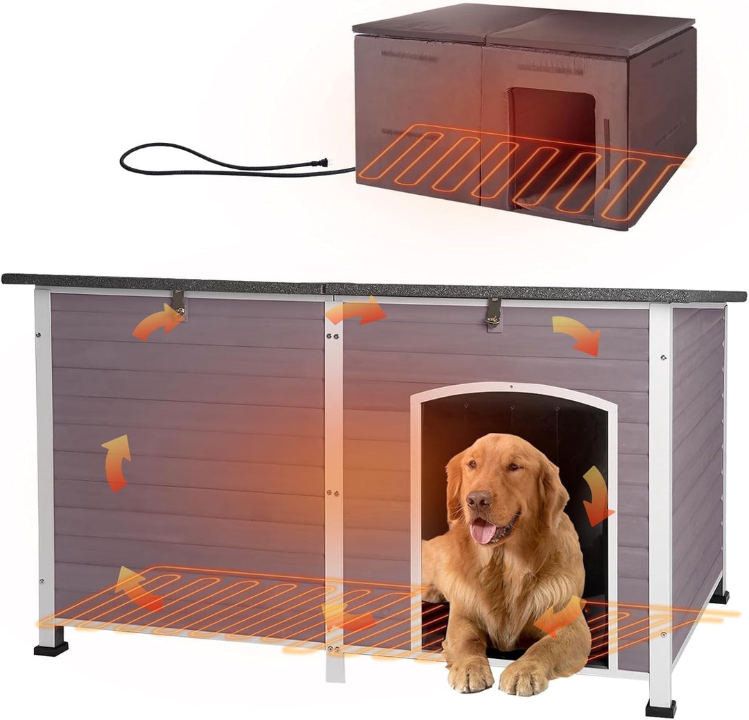 MEDEHOO 59" Extra Large Heated Dog House with Heater &amp; Insulated Liner for Winter, Wooden Insulated Outdoor Dog House for Large Dogs, All-Around Iron Frame Weatherproof (Gray) AIR64-HP-N-WM