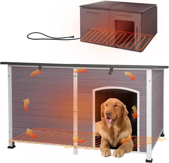MEDEHOO 59" Extra Large Heated Dog House with Heater &amp; Insulated Liner for Winter, Wooden Insulated Outdoor Dog House for Large Dogs, All-Around Iron Frame Weatherproof (Gray) AIR64-HP-N-WM
