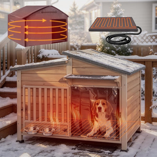 MEDEHOO Heated Dog House Outdoor with Iron Frame and Rotating Bowls Brown reinforced iron frame, safety heating pad, insulated liner, 360° rotating bowls, asphlat waterproof roof, PVC curtain