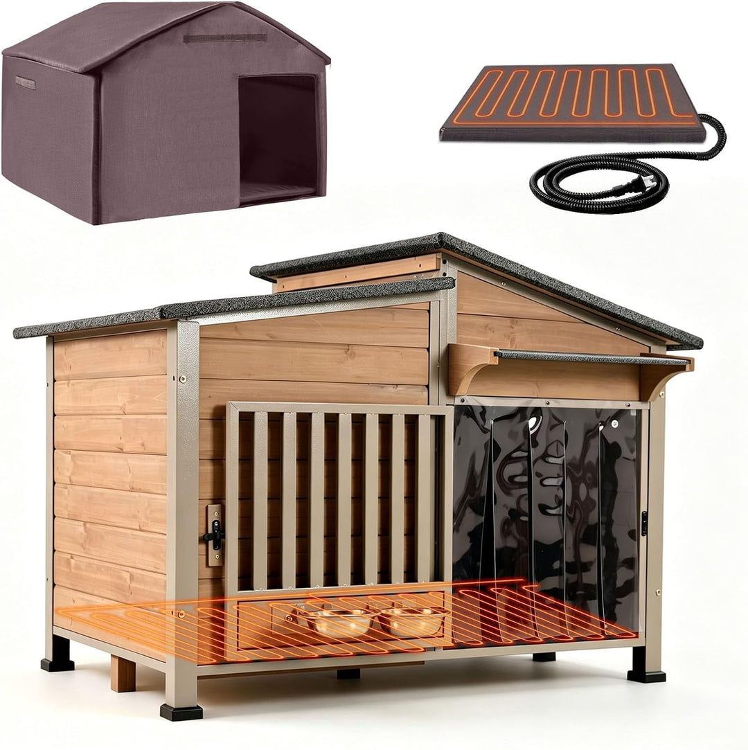 MEDEHOO 44" Heated Dog House with Heavy-Duty Steel Frame, Heated Pad and 6-Sided Insulation, Outdoor Dog Shelter AIR7021-B-IN-HP-WM
