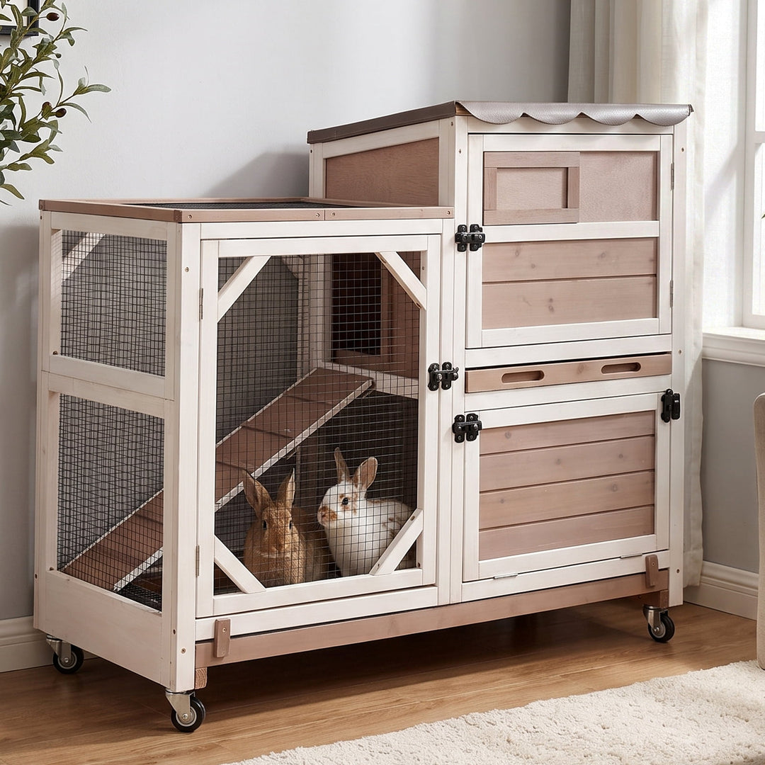 MEDEHOO 2-Story Rabbit Hutch on Wheels Indoor Rabbit Cage with Run Outdoor Weatherproof Bunny Hutch with Chewproof Ramp and Pull-out Tray Brown SAIR7013-WFS