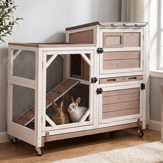 MEDEHOO 2-Story Rabbit Hutch on Wheels Indoor Rabbit Cage with Run Outdoor Weatherproof Bunny Hutch with Chewproof Ramp and Pull-out Tray Brown SAIR7013-WFS