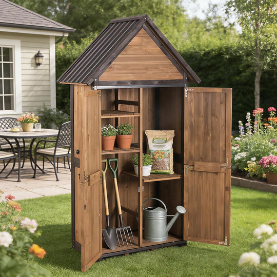 MEDEHOO Outdoor Storage Shed with All Around Strong Metal Frame, Garden Tool Sheds Cabinet with Floor &amp; Adjustable Shelves, Wooden Tool House for Backyard Garden Patio Lawn (Brown)