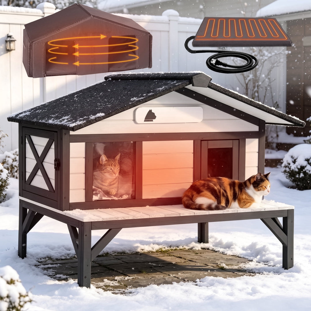 MEDEHOO Heated Cat House for Outside, Outdoor Cat House Insulated with Electric Heating Blanket, Bite-Resistant Wires, Weatherproof Feral Cat Shelter for Winter