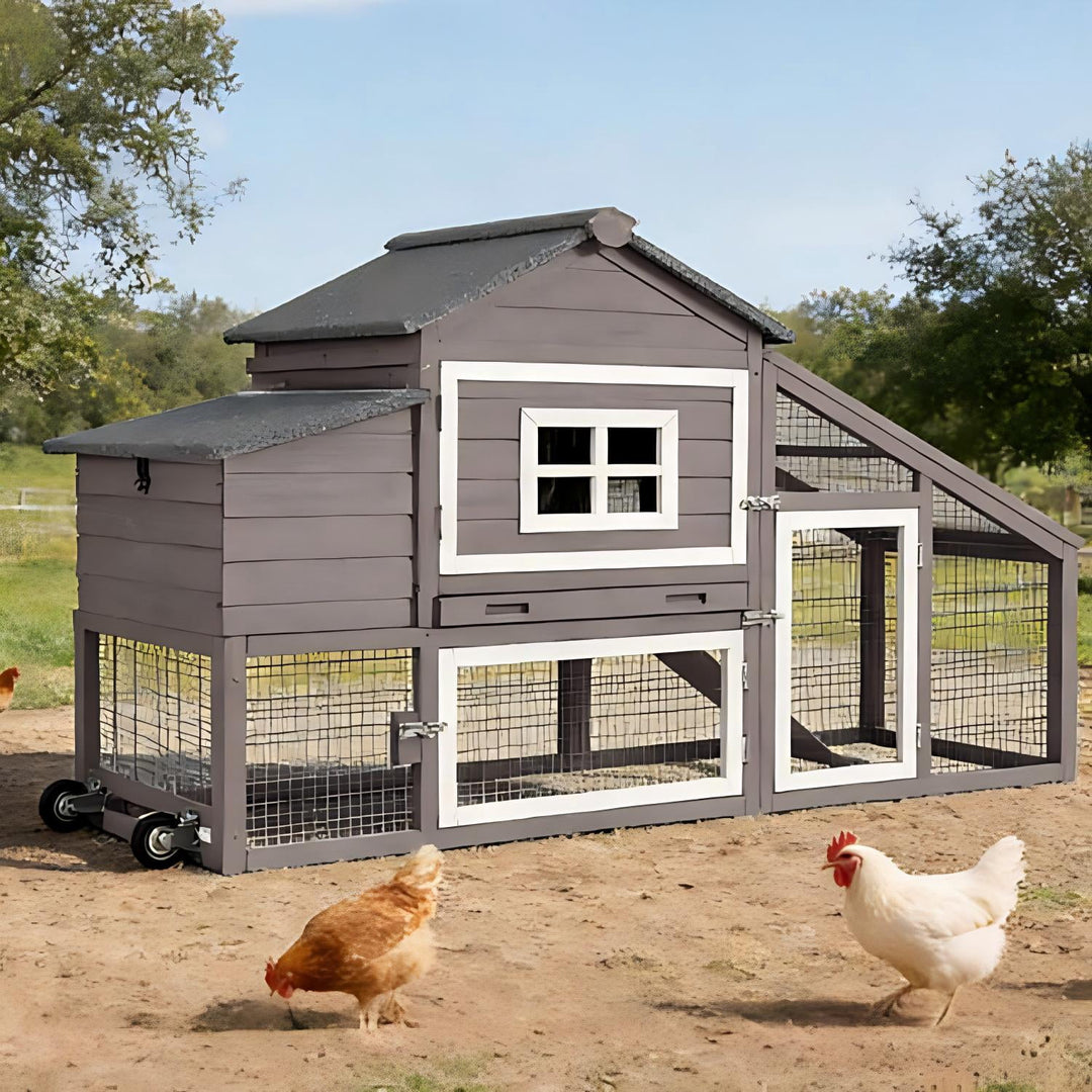 MEDEHOO Chicken Coop, Mobile Chicken House with Wheels, Outdoor Hen House Poultry Cage with Nesting Box, Leakproof Pull Out Tray and UV-Resistant Roof (Brown)
