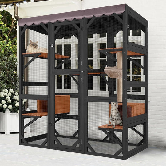 MEDEHOO Catio Outdoor Cat Enclosure Large Wooden Cat Cage Condo Playpen for Multiple Cats Waterproof Cover for Indoor Outdoor (Black)