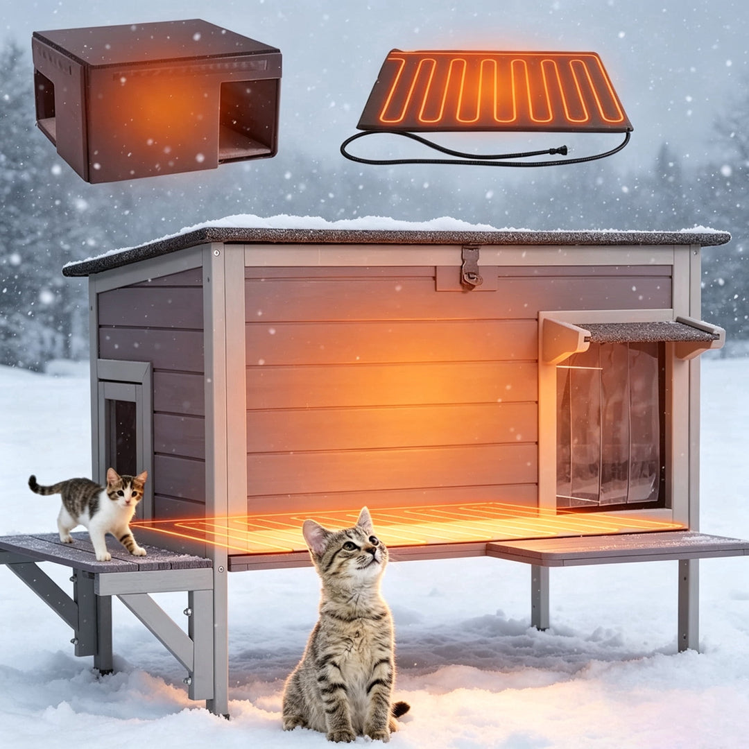 MEDEHOO Heated Outdoor Cat House with Heating Pad, Insulated Liner, Escape Door, 33.5" Large Weatherproof Feral Stray Cat Shelter for Outside Winter AIR91-HP-A11-WM