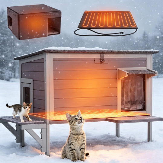 MEDEHOO Heated Outdoor Cat House with Heating Pad, Insulated Liner, Escape Door, 33.5" Large Weatherproof Feral Stray Cat Shelter for Outside Winter AIR91-HP-A11-WM