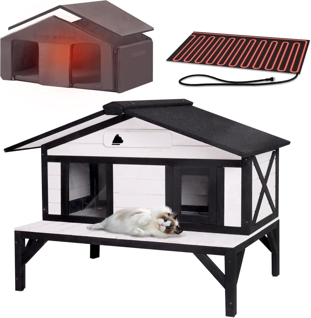 MEDEHOO Heated Cat House for Outside Large Outdoor Cat House Insulated Weatherproof Feral Cat Shelter with Heating Pad, Insulated Thermal Liner, Chewproof Cable for 1-4 Cats, Winter-Ready (Black)