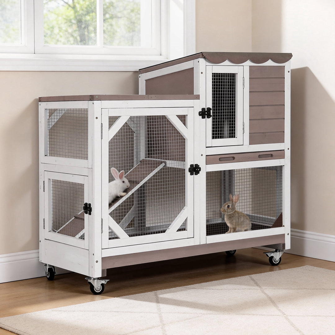 2-Story Rabbit Hutch Bunny Cage with Leak-Proof Trays &amp; Chew-Proof Ramp - Indoor/Outdoor 39.3" Wooden Rabbit Cage with Wheels (Brown) AIR7013-WFS-WL
