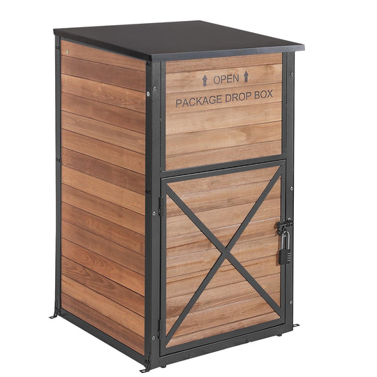 MEDEHOO Outside Package Delivery Box with Combination Lock, Heavy-Duty Wooden Parcel Drop Box with Iron Frame, Weatherproof Secure Contactless Courier Mailbox, Natural Fir Wood