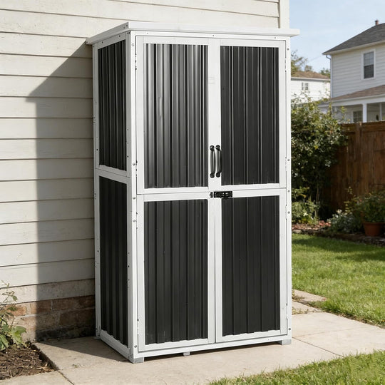 MEDEHOO Outdoor Tool Cabinet, Heavy Duty Wood &amp; Metal Frame Garden Storage Shed, Rustproof &amp; Anti-Breakage for Tools &amp; Equipment (Dark Black) JIR7012-P-WM
