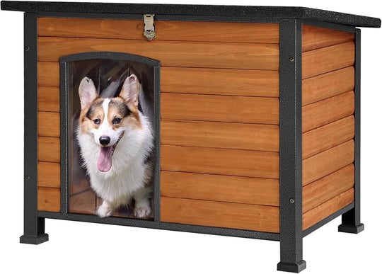 MEDEHOO Chew Proof Dog House with Metal Iron Frame Outdoor Dog Kennel for Small Medium Large Indoor Dog Cage (33.5" L,Brown Color) AIR074-WM