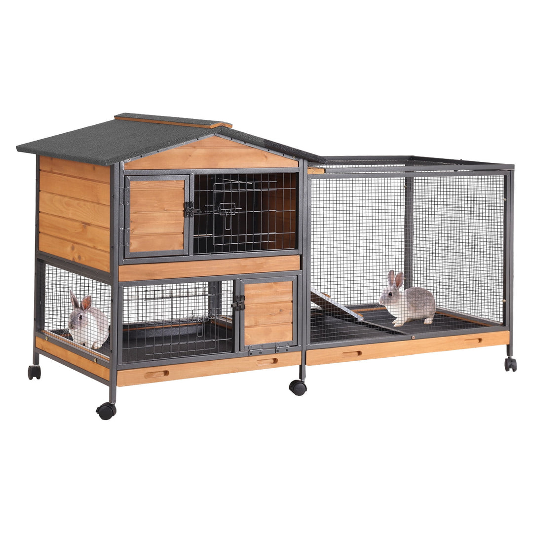 MEDEHOO 2-Story Rabbit Hutch with Chew-Proof Full Metal Frame for Indoor/Outdoor - 62" Bunny Cage with 6 Locking Casters &amp; 2 Pull-Out Trays for Rabbits, Guinea Pigs, Small Pets (Brown)