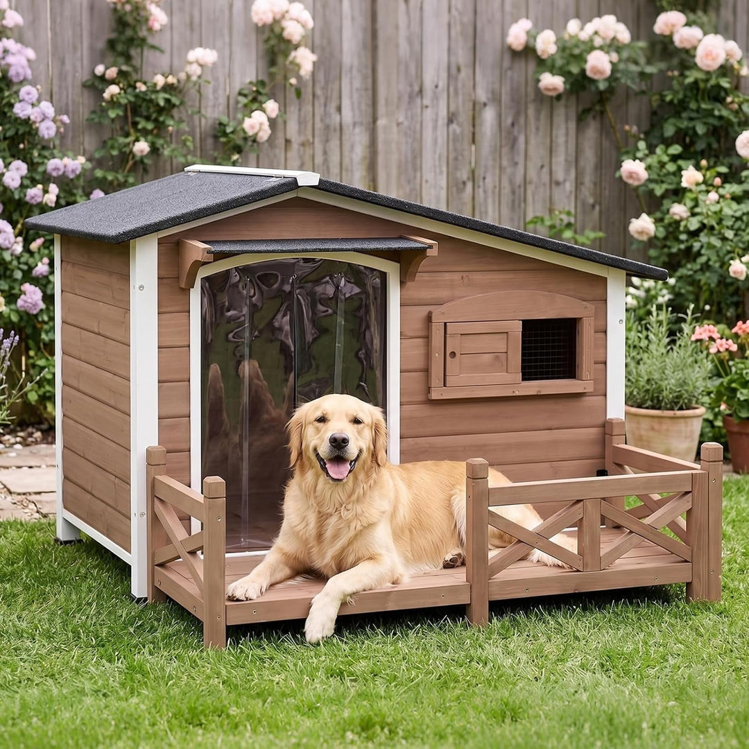 MEDEHOO 44.6" Large Dog House Outdoor Weatherproof Dog Kennel Shelter, Chew-Proof Full Metal Frame, Waterproof Openable Roof, Spacious Porch for Medium to Large Breeds, Light Brown