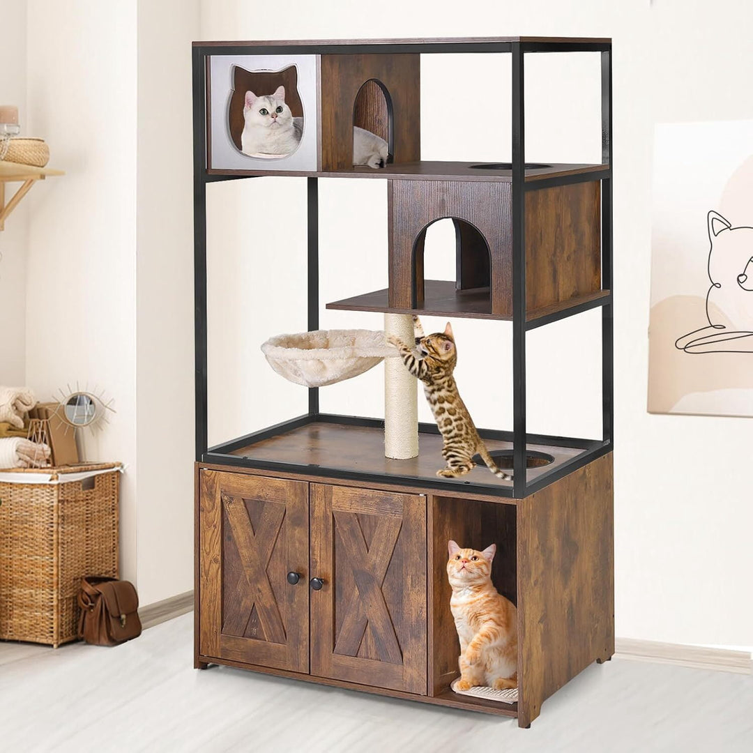 MEDEHOO Cat Litter Box Enclosure,Hidden Litter Box Furniture with Metal Frame,Wooden Kitty House with Barn Door,Wooden Cat Washroom Furniture,Fit Most of Litter Box (Wood, M) AIR102-A111-WM