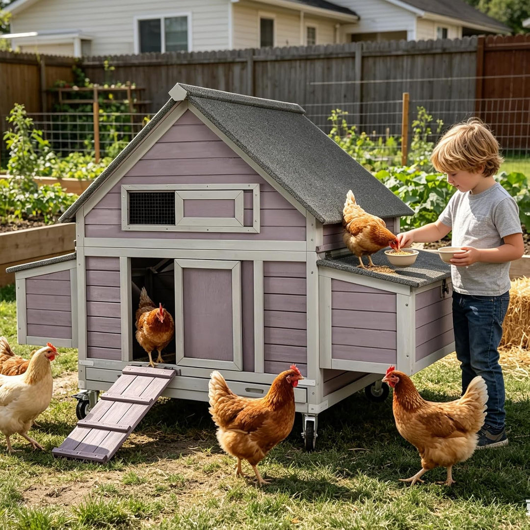 MEDEHOO Large Mobile Chicken Coop with Wheels, 6 Nesting Box for 4-6 Chickens, Outdoor Hen House with Weatherproof Asphalt Roof, Pull-Out Tray
