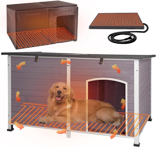 MEDEHOO Extra Large Heated Insulated Dog House Wooden Outdoor Dog Kennel for Winter 59"