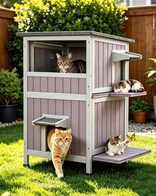 MEDEHOO 2-Story Cat House for Outdoor Cats - Solid Wood Kitty Condo | Solid wood with weatherproof asphalt roof&amp;removable floors Escape door easy-clean side access for indoor