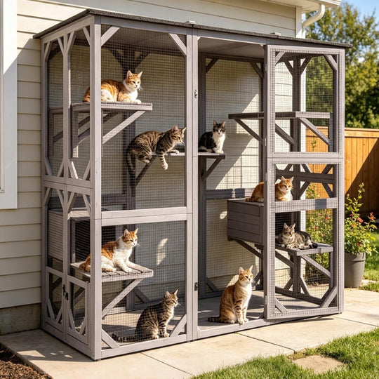 MEDEHOO Catio Outdoor Cat Enclosure with 7 Platforms, 2 Resting Boxes, Large Window Cat House for 6-8 Mulitiple Cats Walk in Kitty Cage with Weatherproof Tarp Roof 71"