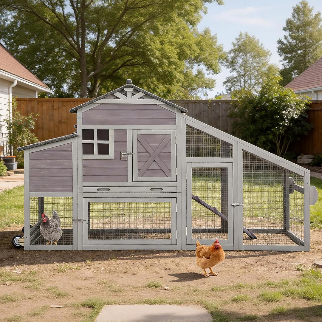 MEDEHOO Large Chicken Coop with Run and Wheels, Wooden Hen House with Nesting Box and Waterproof Roof  Rabbit Hutch Outdoor, Chicken Tractor for 4 Chicken (Gray) AIR32-D-JO-WM