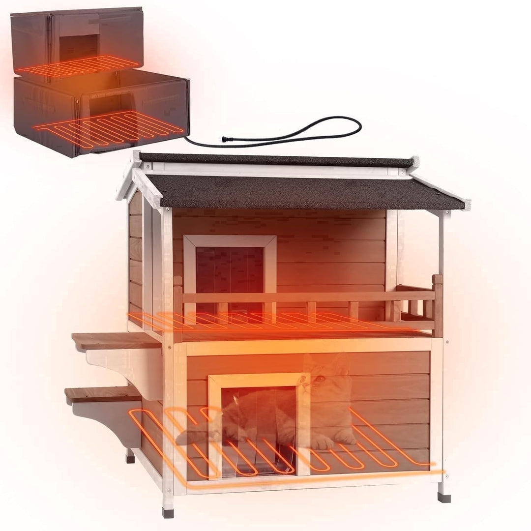 MEDEHOO Heated Cat House for Outside, 2-Story Wooden Cat House Weatherproof for Winter Outdoor Feral Cat Shelter with Heater and Insulated Liner, Brown