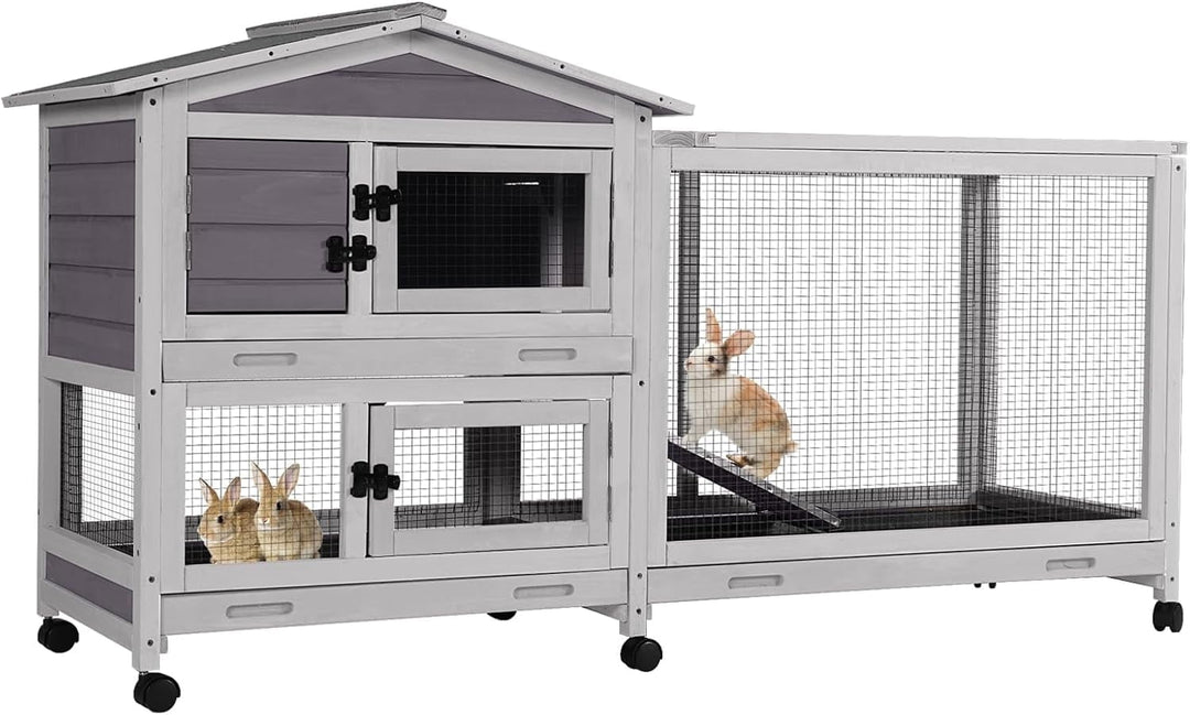 BUTINGLALE 62" Rabbit Hutch with Chew-Proof Ramp &amp; Waterproof Roof - Indoor/Outdoor Bunny Cage, 2-Story Design, 6 Lockable Caster Wheels &amp; Dual Pull-Out Trays (Grey) RH-AIR19-MA